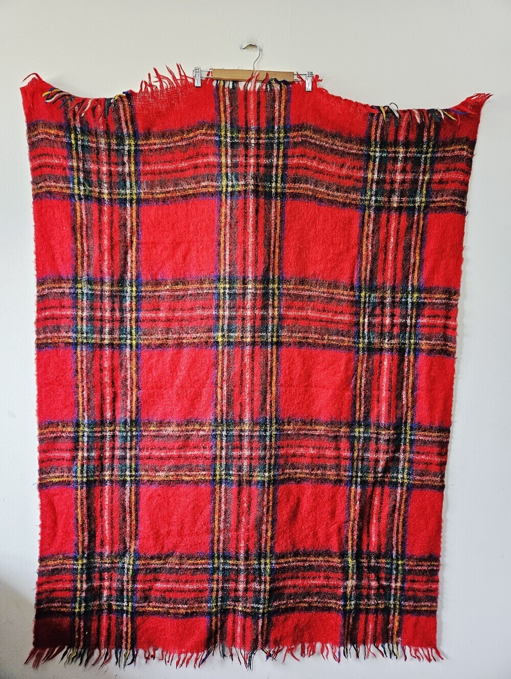 Vintage Creagaran Plaid Mohair Blanket Made In Scotland Red Wool Throw EUC